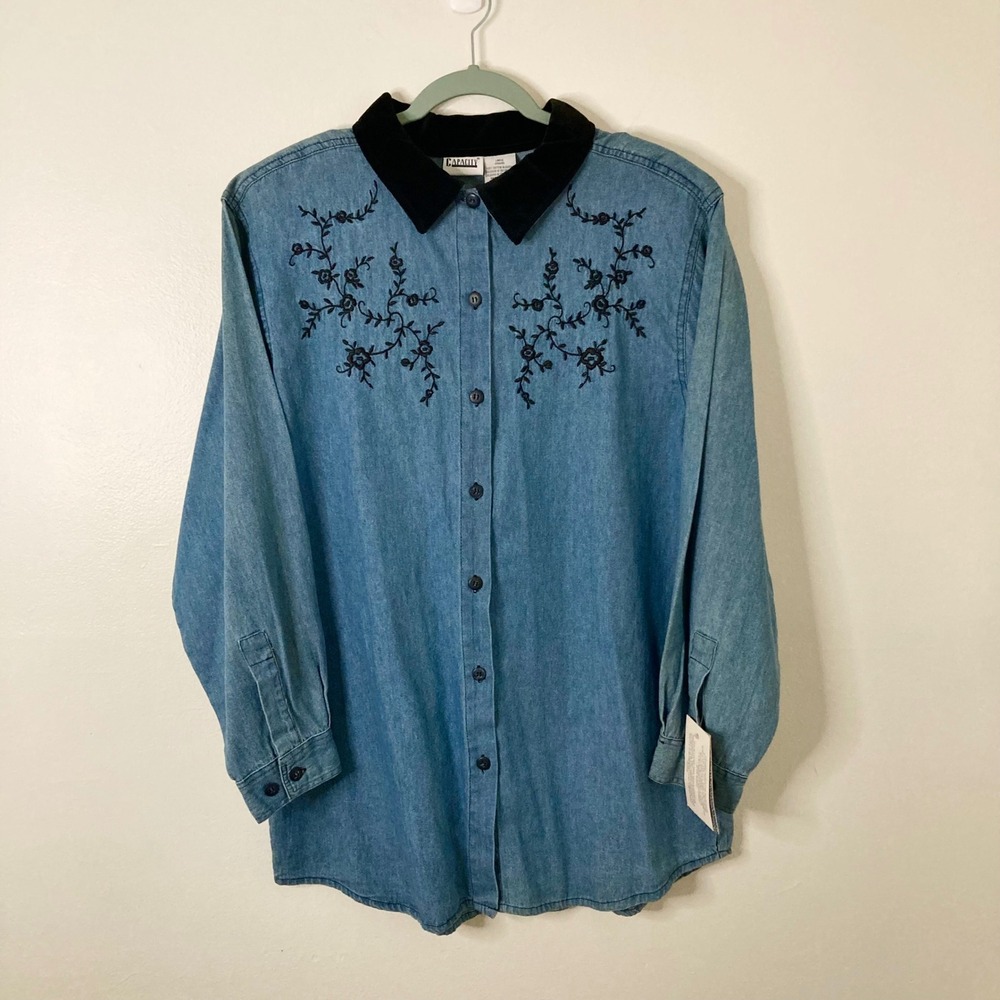 Vtg 90s Capacity Denim Tunic Shirt NWT Velvet Collar Embroidered Floral Blouse L